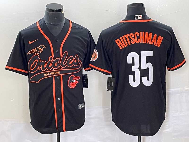 Men%27s Baltimore Orioles #35 Adley Rutschman Black With Patch Cool Base Stitched Baseball Jersey